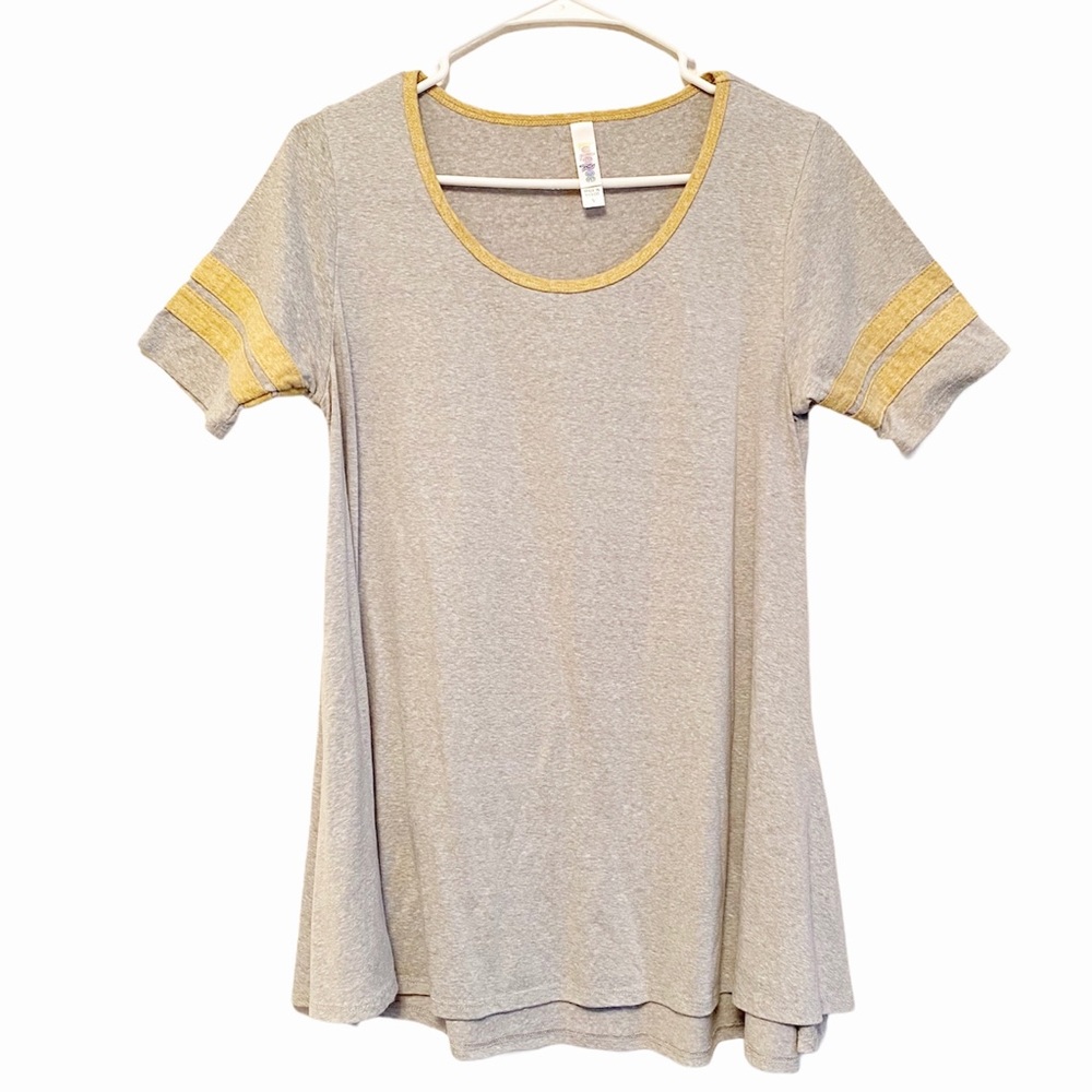 LulaRoe Gray Gold Perfect T Varsity Top Size Small